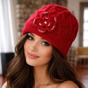 Chic Red Knit Beanie with Floral Detail❤️O/S